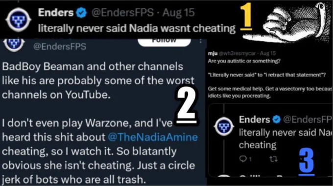 Page 2

Claims he never said Nadia wasn't cheating (top) 

Gets proven wrong in this screenshot saying "ITS SO BLATANTLY OIBVIOS SHE NEVER CHEATED AFTER I WATCHED THESE VIDEOS"  (Blue picture bottom left) 

Chatter asks if he is mentally ok after seeing the insane amount of lying snake work on display and the fact it was so blatant was insane!  (bottom right)