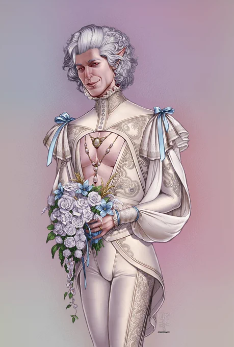 Astarion illustration wearing white and ivory wedding attire and holding a bouquet of white flowers. There are a few pale blue accents - ribbons and flowers. He wears jewelry made from gold and pearls and a simple wedding band. He is set on a pastel pink background.