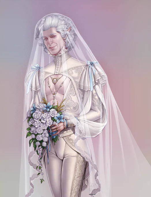 Astarion illustration wearing white and ivory wedding attire and holding a bouquet of white flowers. There are a few pale blue accents - ribbons and flowers. He wears jewelry made from gold and pearls and a simple wedding band and is covered by a lace trimmed veil. He is set on a pastel pink background.