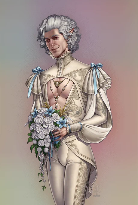 Astarion illustration wearing white and ivory wedding attire and holding a bouquet of white flowers. There are a few pale blue accents - ribbons and flowers. He wears jewelry made from gold and pearls and a simple wedding band. He is set on a pastel pink background.