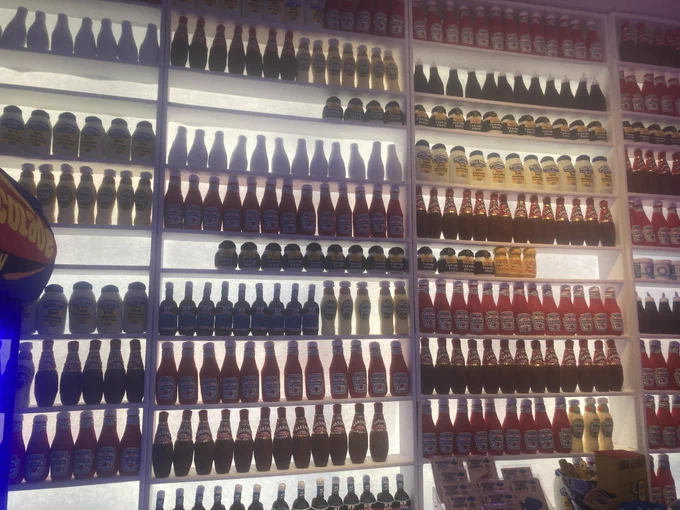 Hand sewn sauce bottles.