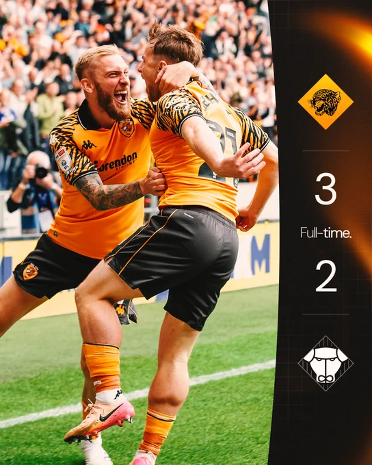 Full-time graphic with a picture of McBurnie and Gelhardt celebrating. Score reads 3-2 to the Tigers