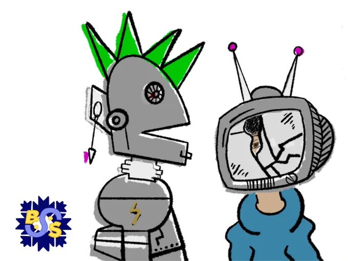 Two stylized cartoon characters are facing each other. On the left is a gray, punk-inspired robot with a spiky green mohawk, a pink earring, a lightning bolt symbol on its arm, and mechanical joints. On the right is a humanoid figure wearing a blue hoodie with an old-fashioned, cracked television for a head; a human eye is visible through the broken screen, and two antennae with pink tips protrude from the top. In the bottom-left corner is the BSides Bloomington logo.
