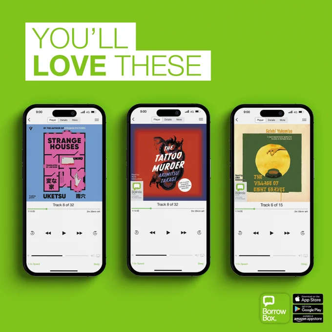 Three smartphones display audiobook players featuring covers of 'Strange Houses,' 'The Tattoo Murder,' and 'The Village of Eight Graves' against a bright green background.