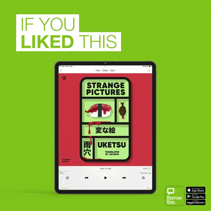 Tablet screen displaying the audiobook cover of 'Strange Pictures' by Uketsu with Japanese characters and illustrations of sushi and a fish on a red background.