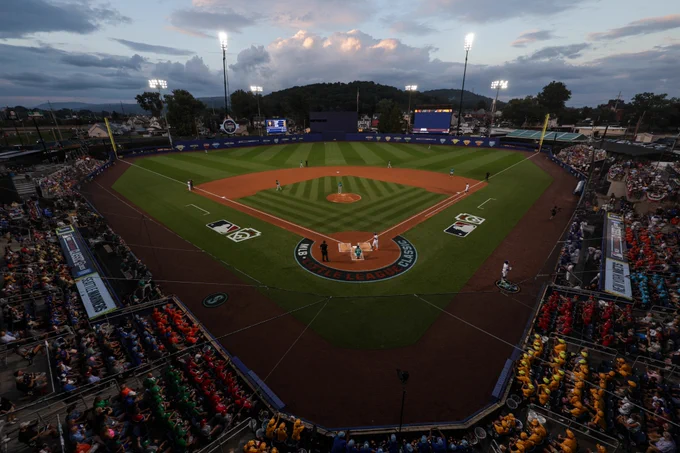 An overhead view of Historic Bowman Field in Williamsport, Pennsylvania during the 2025 Little League Classic.