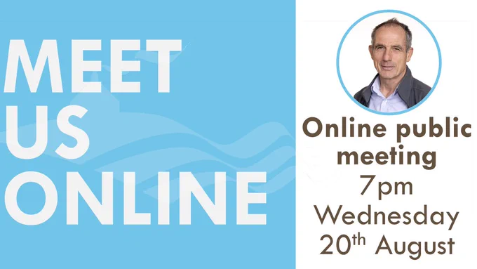 A blue box with Meet Us Online on the left and a round blue circle with a head and shoulders pic of Andrew Thin in it. Also the words Online Public Meeting, 7pm, Wednesday 20th August.