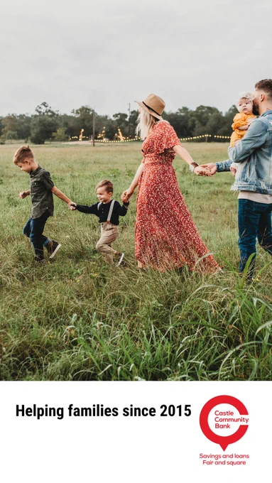 Photo by Jessica Rockowitz for Unsplash shows family of 2 adults 3 kids as they walk across a field of rough grass. Headline reads Helping families since 2015 and bank logo 