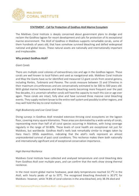 Page 1 of Maldives Coral Institute’s Call for the protection of Goidhoo Atoll’s exceptional marine environment.