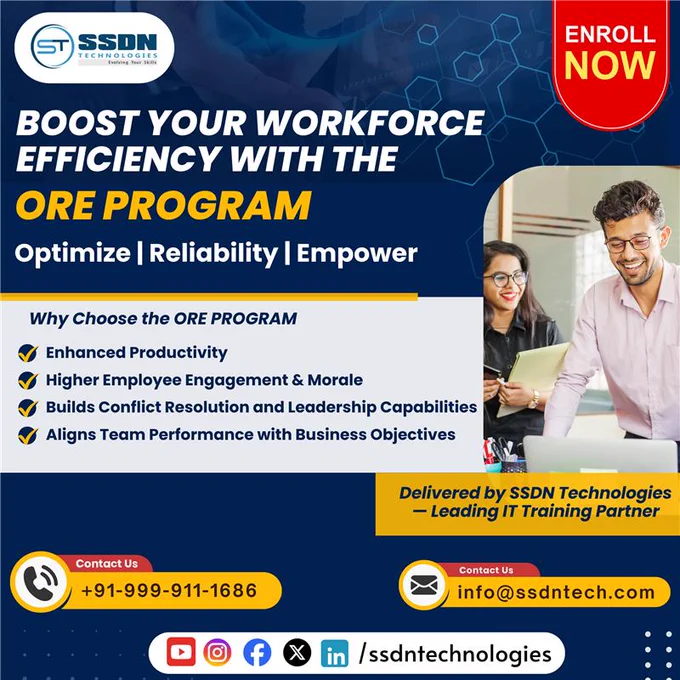 SSDN Technologies’ proven track record as one of India’s most trusted corporate training partners, the ORE Program delivers a perfect balance of technical mastery and behavioral transformation — ensuring sustainable growth and peak team performance.
Our Expertise Covers:

✅ Soft Skills – Leadership, communication, collaboration, problem-solving
✅ Technical Skills – Cybersecurity, data analytics, cloud computing, project management, and more

Why choose the ORE Program?
✔ Aligns workforce development with core business objectives
✔ Delivers measurable, lasting performance improvements
✔ Creates leaders, not just employees
