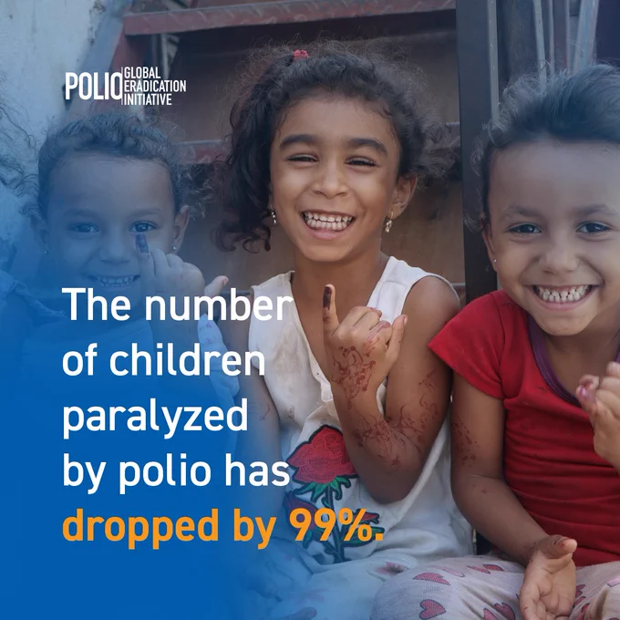 Three children smiling joyfully with one showing the tip of their pinkie painted purple. The image is accompanied by text about polio reduction by the Global Polio Eradication Initiative.