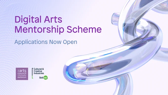 Promotional banner for the Digital Arts Mentorship Scheme indicating that applications are now open. Features a sleek, abstract metallic structure on a purple background. Logos of the Arts Council and the Cultural & Creative Industries Skillnet are included.