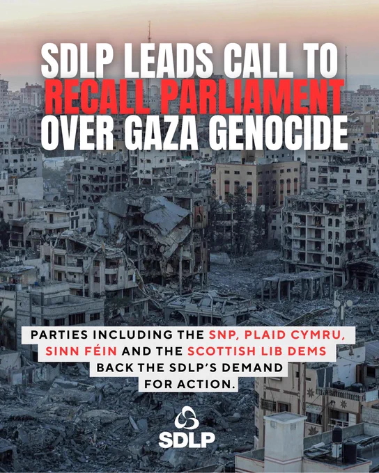 Image of destruction in Gaza with text ‘SDLP leads call to recall Parliament over Gaza Genocide’