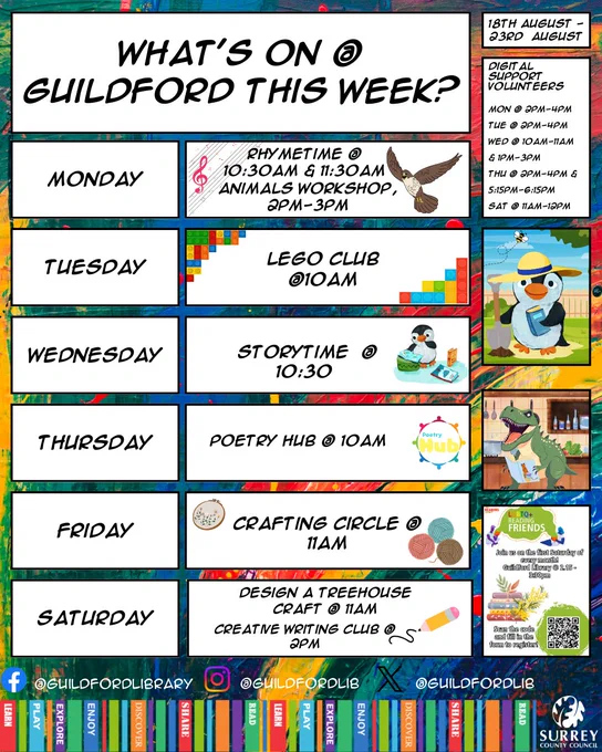A diagram depicting what's happening at Guildford library this week, covering Monday to Saturday, on the right there is the list of all digital support volunteer appointments. Monday 2pm till 4 pm, Wednesday 10am till 11am, Thursday 2pm till 4pm Friday 2pm till 4pm and Saturday 11am till 12pm. There is an image of a poster advertising LGBTQ  reading friends and there is a graphic with a dinosaur reading a book and Pebble the penguin dressed for gardening.