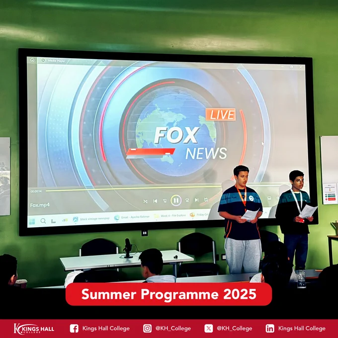 An assortment of images showcasing events at the Kings Hall College’s Summer Programme 2025.
At the bottom of the image are the social media handles for Kings Hall College:
Facebook: Kings Hall College
Instagram: @KH_College
X:  @KH_College
LinkedIn: Kings Hall College