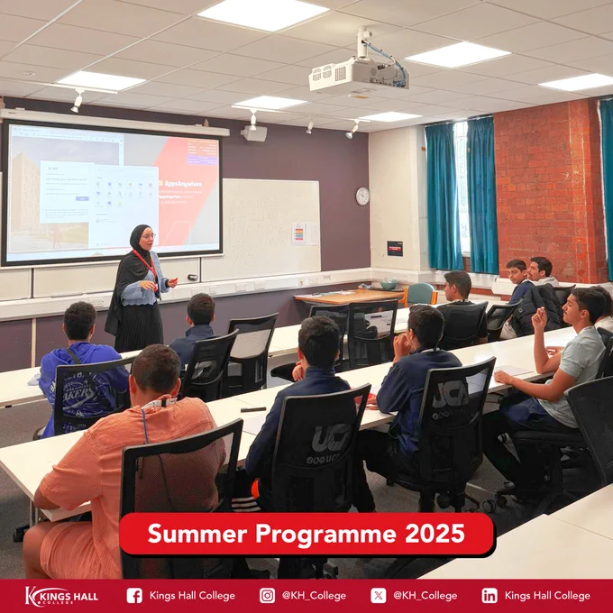 An assortment of images showcasing events at the Kings Hall College’s Summer Programme 2025.
At the bottom of the image are the social media handles for Kings Hall College:
Facebook: Kings Hall College
Instagram: @KH_College
X:  @KH_College
LinkedIn: Kings Hall College
