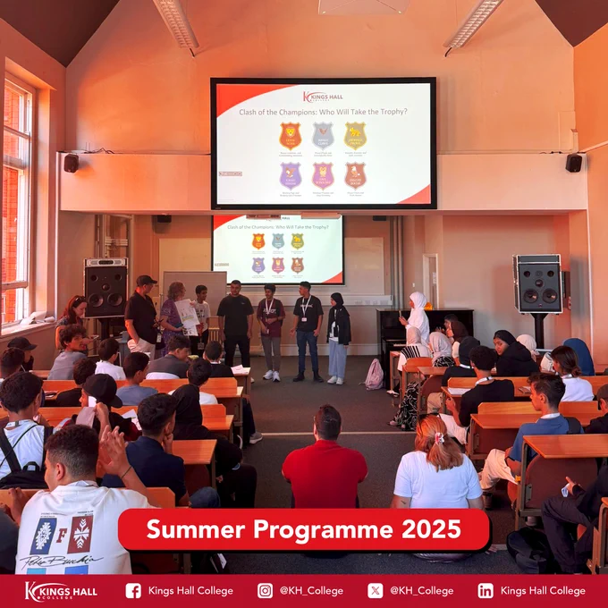An assortment of images showcasing events at the Kings Hall College’s Summer Programme 2025.
At the bottom of the image are the social media handles for Kings Hall College:
Facebook: Kings Hall College
Instagram: @KH_College
X:  @KH_College
LinkedIn: Kings Hall College