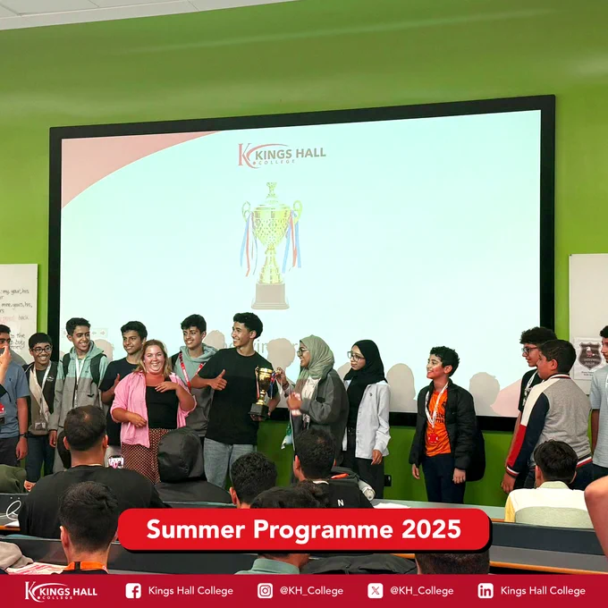 An assortment of images showcasing events at the Kings Hall College’s Summer Programme 2025.
At the bottom of the image are the social media handles for Kings Hall College:
Facebook: Kings Hall College
Instagram: @KH_College
X:  @KH_College
LinkedIn: Kings Hall College