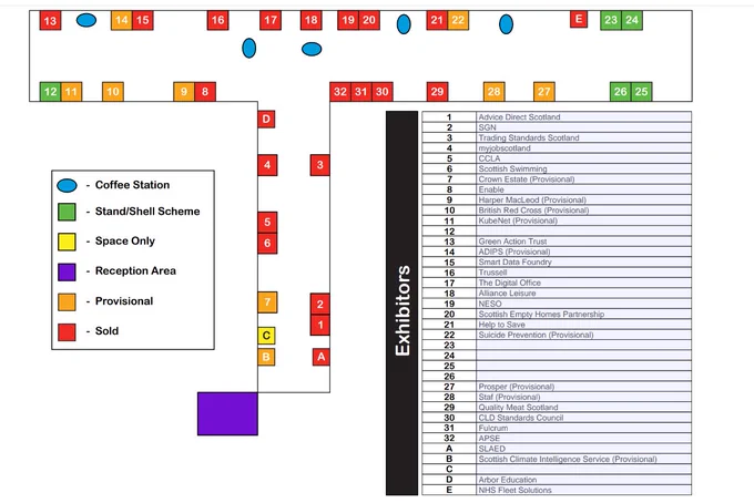 A map showing the remaining stalls for the COSLA Annual Conference 2025. Email alex@cosla.gov.uk to find out more.
