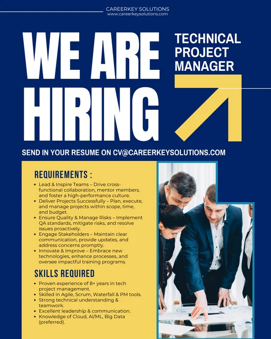 Job opening for Technical Project Manager at CareerKey Solutions, Indore. Role involves project delivery, Agile/Scrum methodologies, leadership, risk management, stakeholder communication, and 8  years of project management experience.