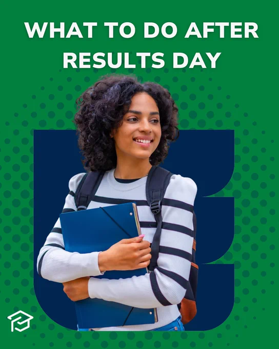 Poster with the title 'What to Do After Results Day' featuring a person smiling and holding books, with a blue graphic bubble design in the background.
