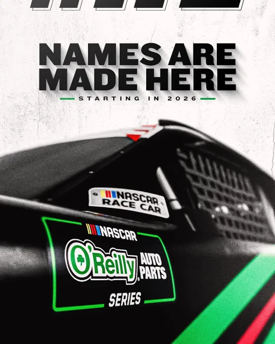 A graphic promoting the NASCAR O'Reilly Auto Parts Series starting in 2026. The graphic features a close-up of a black race car with the new series badge. 
