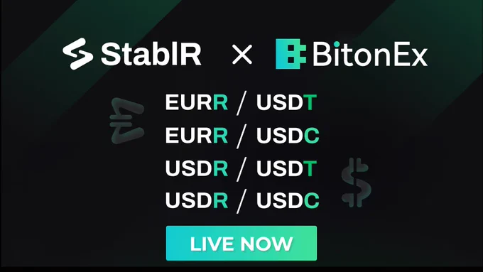 Announcement image for StablR Euro (EURR) and StablR USD (USDR) listing on BitonEx exchange. Spot trading pairs shown: EURR/USDT, EURR/USDC, USDR/USDT, USDR/USDC. Logos of StablR and BitonEx displayed with a “LIVE NOW” banner.
