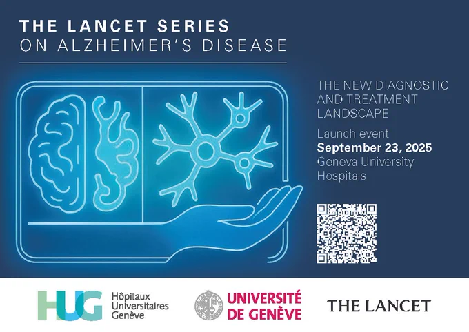 Promotional card for the launch of the Lancet Series on Alzheimer's disease on 23rd September 2025. Background image depicts a hand holding a neuron and a brain with one half of it deteriorating. Copyright: Hopitaux Universitaires Geneve.