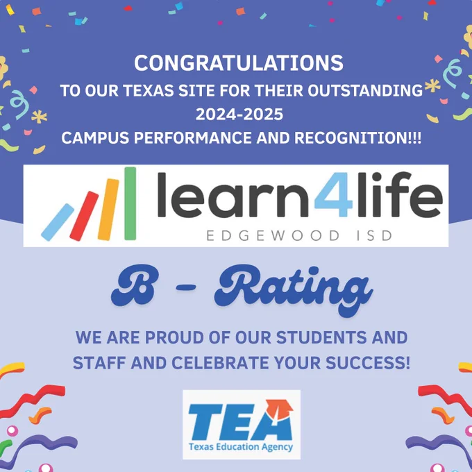 Learn4Life Edgewood of San Antonio received a B rating for the Texas Education Agency (TEA) 2024-2025 School Report Card