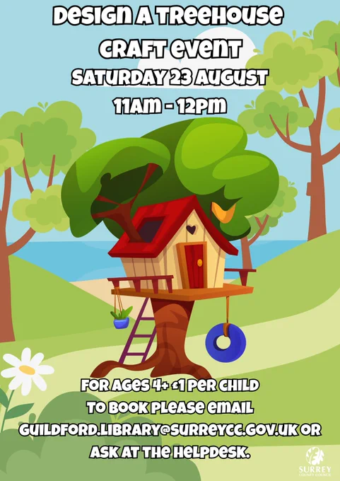 poster promoting treehouse craft event. To book please email guildford.library@surreycc.gov.uk 