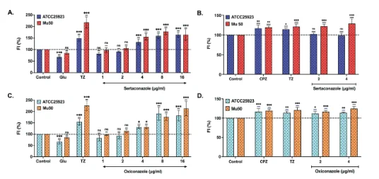 Sertaconazole and oxiconazole inhibit S. aureus efflux pumps in vitro. Using ethidium bromide (EtBr) accumulation and the EtBr efflux assay, the inhibition of the efflux pump was studied. Panels A and C show bar graphs that depict the concentration-dependent increase in relative fluorescence of EtBr in the presence of sertaconazole (Sert) and oxiconazole (Oxi), respectively. Thioridazine (TZ) is a known efflux pump inhibitor, used as a positive control at 16 µg/mL, while glucose (Glu), known to enhance active efflux, was used as a negative control at 0.4%. Panels B and D illustrate the decrease in EtBr efflux in the presence of sertaconazole and oxiconazole. Chlorpromazine (CPZ) and TZ, known EPIs, were used as positive controls at 16 µg/mL. 
