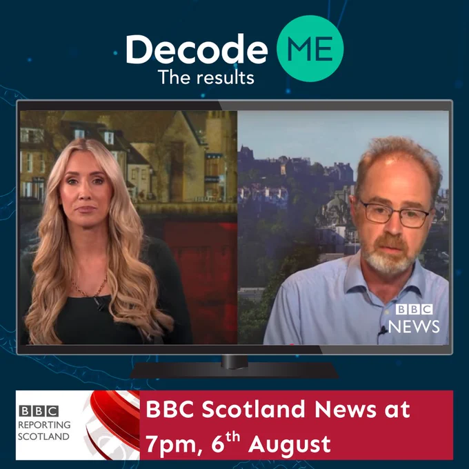 Screenshot of BBC news reporter and Prof Chris Ponting. Beneath this it says BBC Scotland News at 7pm, 6th August. 