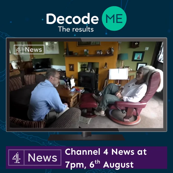 Screenshot of Prof Chris Ponting and DecodeME participant. Beneath this it says 'Channel 4 News at 7pm, 6th August'. 