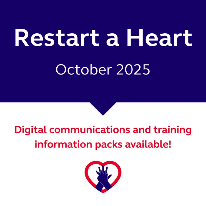 Promotional graphic for "Restart a Heart October 2025" featuring a message about available digital communications and training information packs, with the Restart a Heart logo at the bottom.