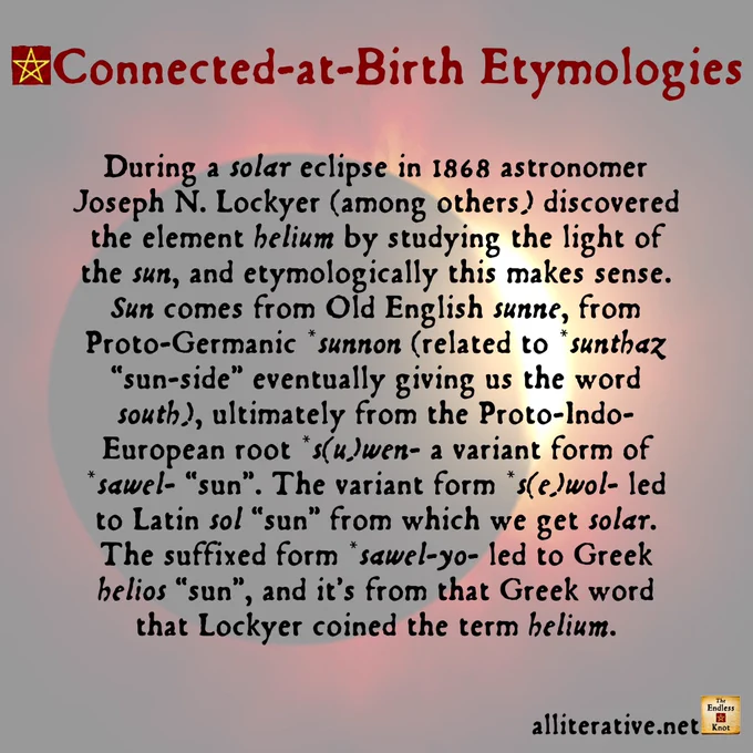 During a solar eclipse in 1868 astronomer Joseph N. Lockyer (among others) discovered the element helium by studying the light of the sun, and etymologically this makes sense. Sun comes from Old English sunne, from Proto-Germanic *sunnon (related to *sunthaz “sun-side” eventually giving us the word south), ultimately from the Proto-Indo-European root *s(u)wen- a variant form of *sawel- “sun”. The variant form *s(e)wol- led to Latin sol “sun” from which we get solar. The suffixed form *sawel-yo- led to Greek helios “sun”, and it’s from that Greek word that Lockyer coined the term helium.