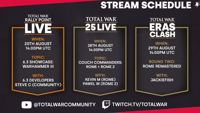 Stream schedule for Total War featuring three events. First, 'Rally Point Live' on 20th August at 14:00 PM UTC, showcasing Warhammer III with developer Steve C (Community). Second, '25 Live' on 28th August at 14:00 PM UTC, titled 'Couch Commanders: Rome   Rome 2' with Kevin M (Rome) and Pawel W (Rome 2). Third, 'Eras Clash' on 29th August at 14:00 PM UTC, titled 'Round Two: Rome Remastered' featuring JackieFish. Social media handles include @TotalWarCommunity and Twitch.tv/TotalWar.