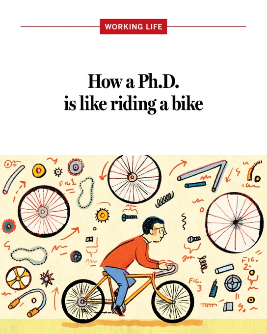 An illustration of a man riding a bike surrounded by wheels and other bike parts, with text: How a Ph.D. is like riding a bike