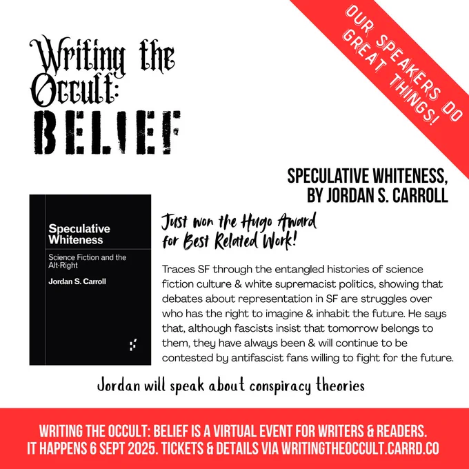 A text-heavy graphic features the blurb for Speculative Whiteness by Jordan S. Carroll, which is also featured in this threaded post. The book is pictured at left: It is a plain black cover with the title in bold white font. 