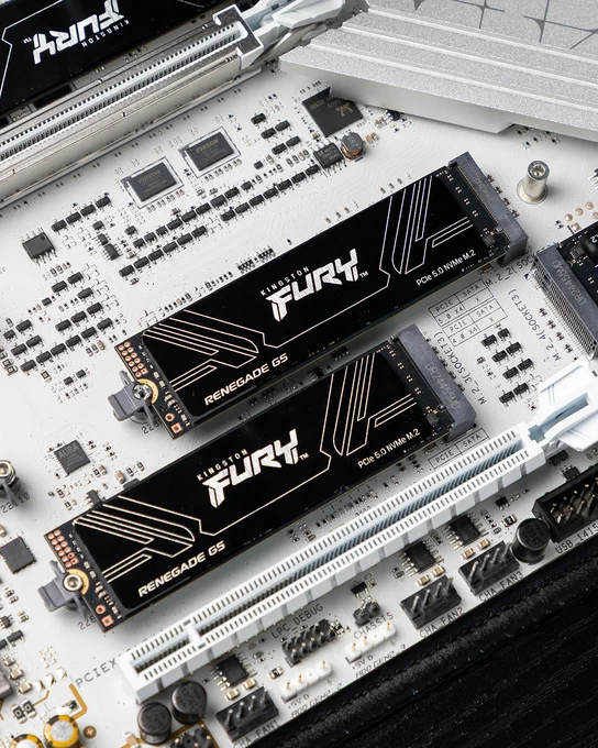 Close-up view of a computer motherboard featuring Kingston FURY Renegade SSDs installed in the slots.