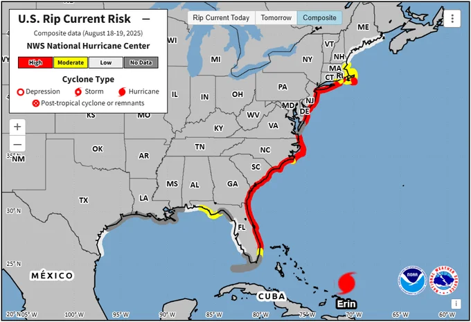 Map of the U.S. rip current risk from Florida to Maine. A majority of the Atlantic coastline is colored red, designating a "high risk" of rip currents this week.