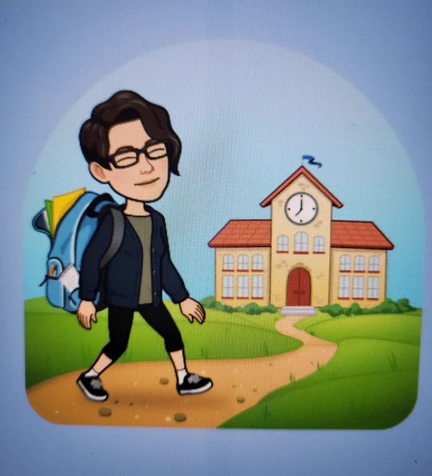 Bitmoji person with a backpack. Path leading up to a generic school house building with many windows and a large clock above the door in the middle.