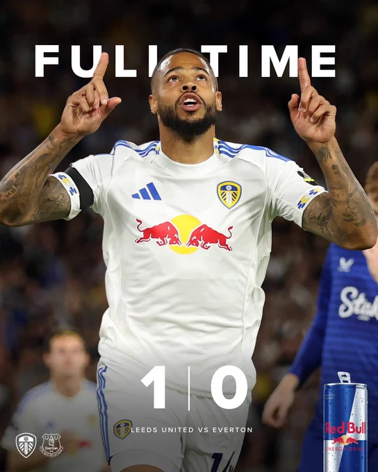 Full-time graphic showing: Leeds United 1-0 Everton. Lukas Nmecha celebrates after scoring the winning goal.