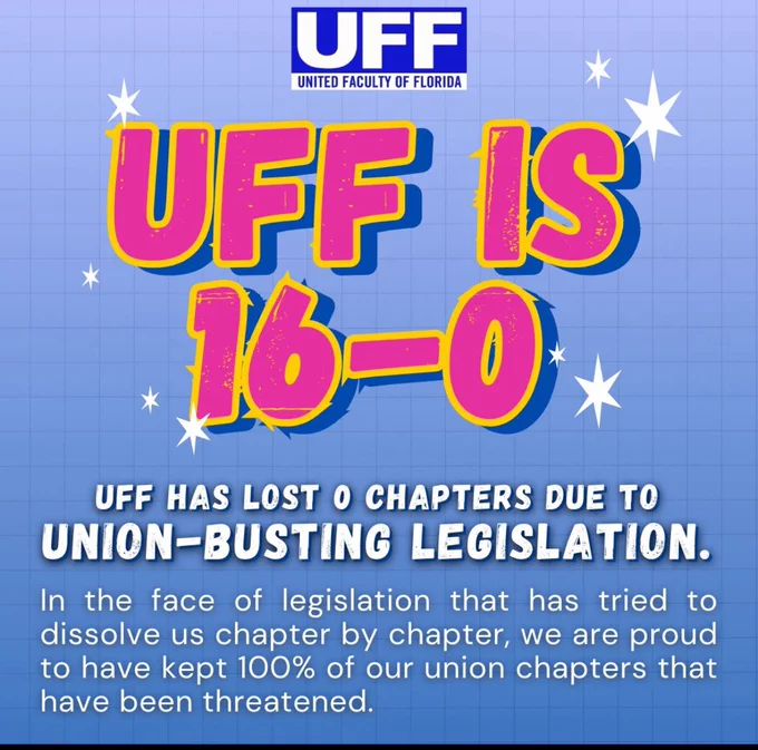 Celebratory graphic and text: UFF has lost 0 Chapters due to Union-Busting  Legislation.  We are proud to have kept 100% of our union chapters that have been threatened.