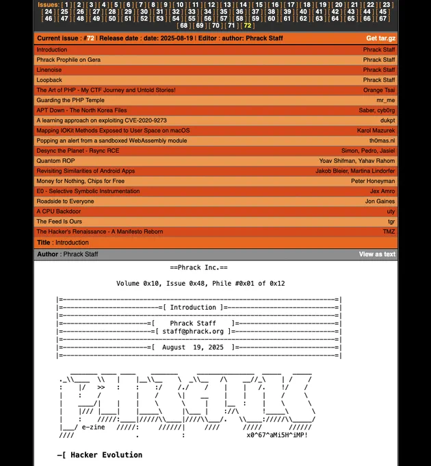 The table of contents for Phrack 72 from phrack.org