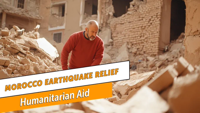 Man looking through rubble following earthquake in Morocco