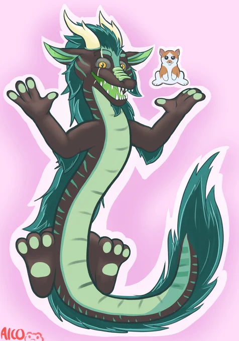 Long green and black dragon with noodle body, open arms and smiling at viewer with shiny eyes and horns. Ears low and small cat floating about open left palm