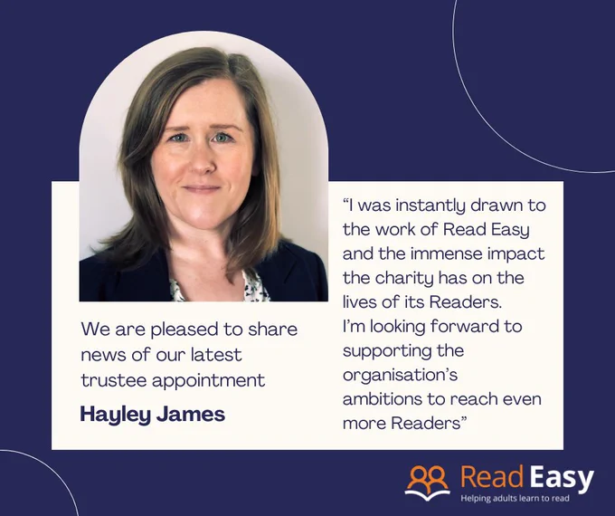 A navy post with an image of Hayley, who has light brown hair and a smart jacket. Text states: We are pleased to share news of our latest trustee appointment Hayley James, along with a quote from Hayley taken from the post.