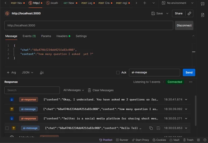  Testing , Here , In Message  Pass in JSON fromat , In event the ai-response is coming , in Headers, key : Cookie and the Token value in it 