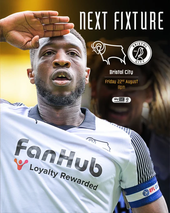 Graphic to preview Derby County's upcoming Sky Bet Championship fixture against Bristol City at Pride Park Stadium on Friday 22nd August at 8pm.