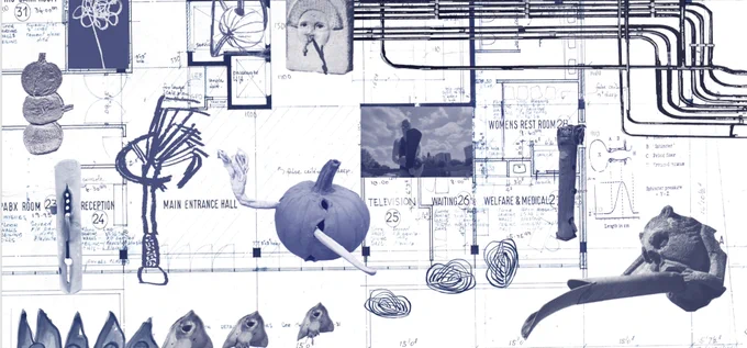 Collage on a blueprint background featuring various objects including a lightbulb, telephone, anatomical heart, MRI scan, birds, and architectural sketches, creating an abstract and technical aesthetic.